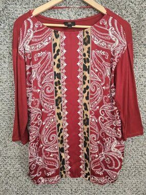 JM Collection Top Womens Medium Burgundy Scoop Neck Paisley Print Tunic Ladies